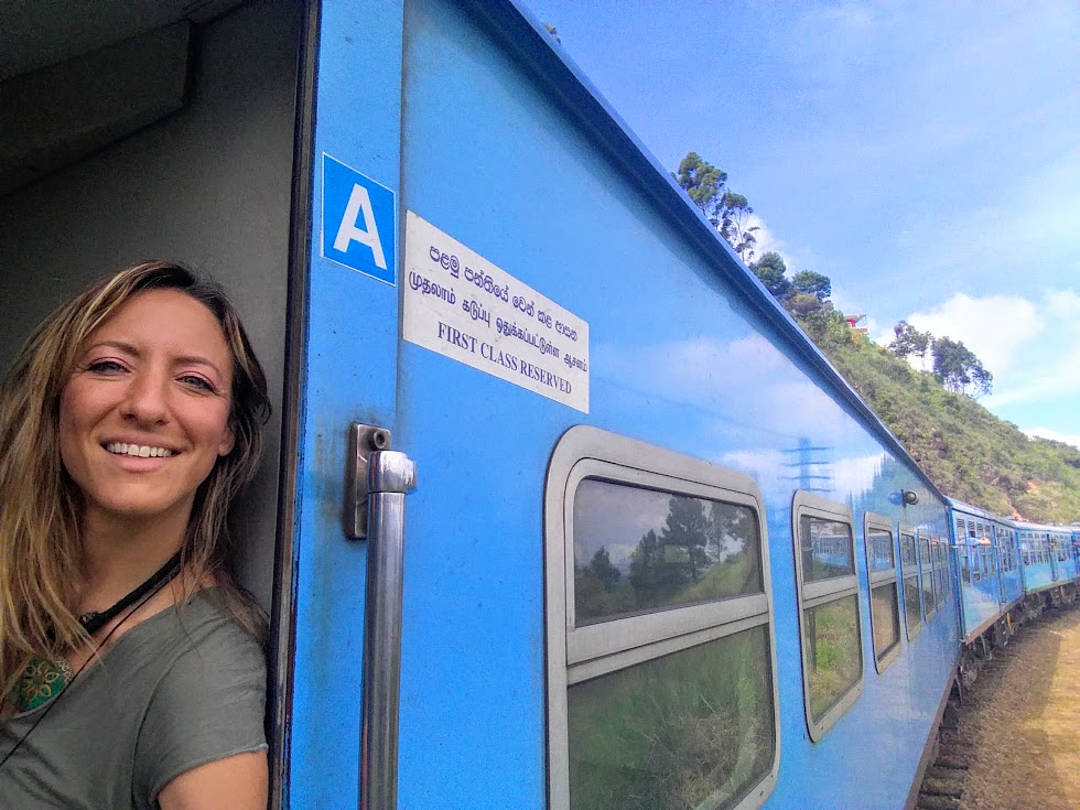 Spiritual Travels Blogger Julie Jewels Bertrand on train in Sri Lanka